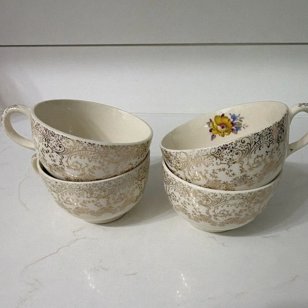 Ivory & Gold Floral Scroll Rim Round Ceramic Glossy set (see pics for quantity)